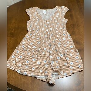 LA Hearts Brown Plaid and Floral Romper, Size M.